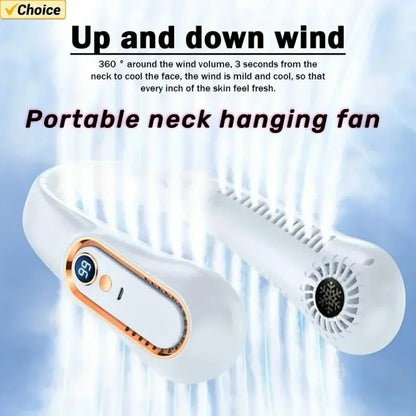 Hanging neck fan portable summer air cooler USB cooling fan with 5 speeds and digital displays - super technology and bladelesswhite