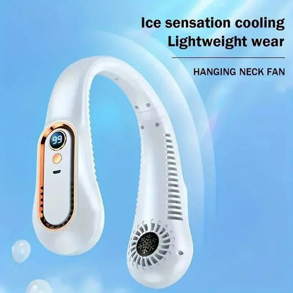 Hanging neck fan portable summer air cooler USB cooling fan with 5 speeds and digital displays - super technology and bladelesswhite