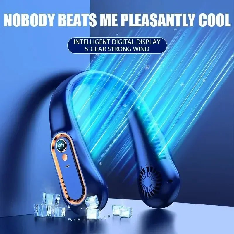 Hanging neck fan portable summer air cooler USB cooling fan with 5 speeds and digital displays - super technology and bladelesswhite