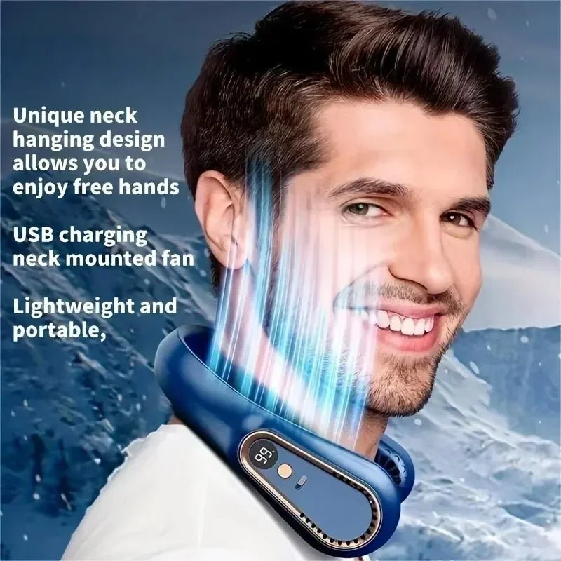 Hanging neck fan portable summer air cooler USB cooling fan with 5 speeds and digital displays - super technology and bladelesswhite