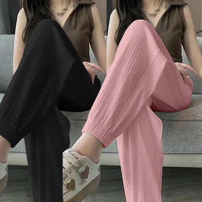 Ice Silk Casual Wide Leg Harem Pants Loose Trousers Solid Elastic Waist Women Streetweat Summer New Trend Office Lady's PantsB - GreyXL