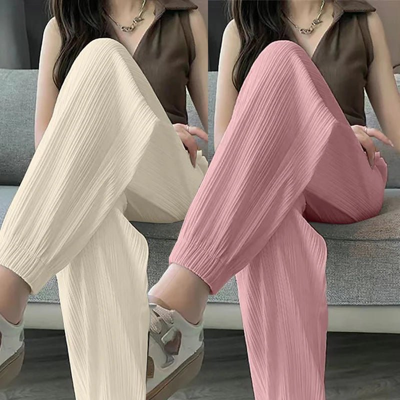 Ice Silk Casual Wide Leg Harem Pants Loose Trousers Solid Elastic Waist Women Streetweat Summer New Trend Office Lady's PantsB - GreyXL