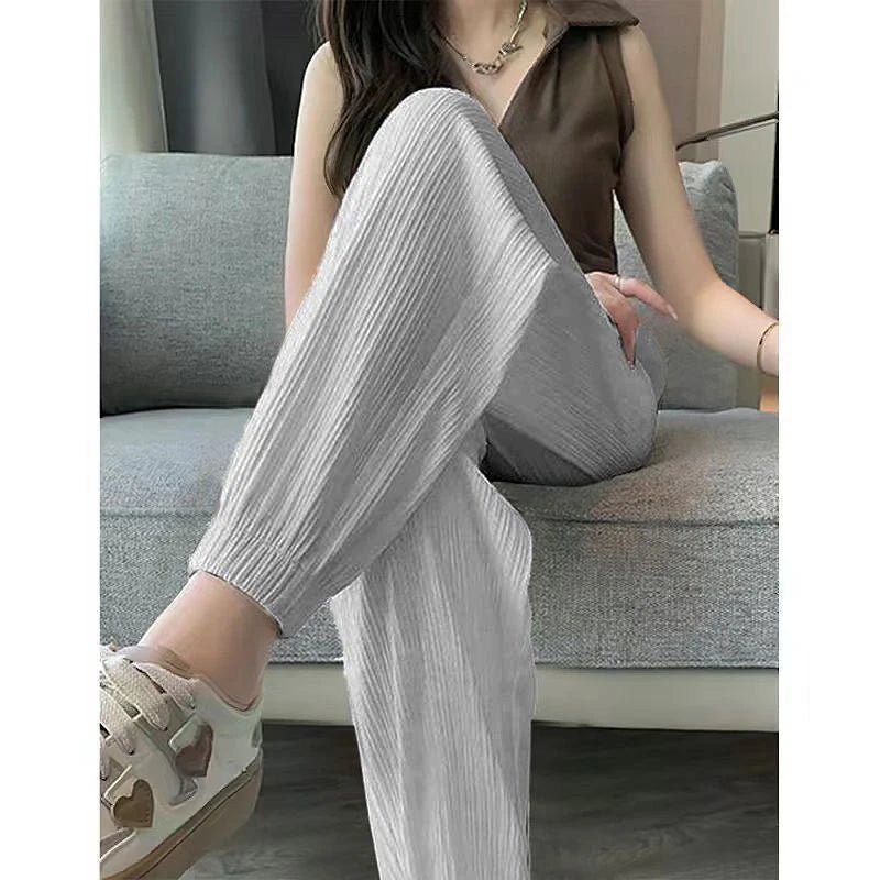 Ice Silk Casual Wide Leg Harem Pants Loose Trousers Solid Elastic Waist Women Streetweat Summer New Trend Office Lady's PantsB - GreyXL