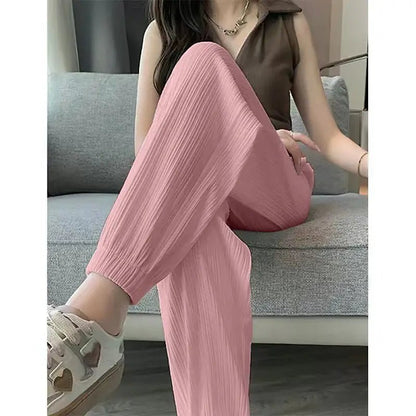 Ice Silk Casual Wide Leg Harem Pants Loose Trousers Solid Elastic Waist Women Streetweat Summer New Trend Office Lady's PantsB - GreyXL