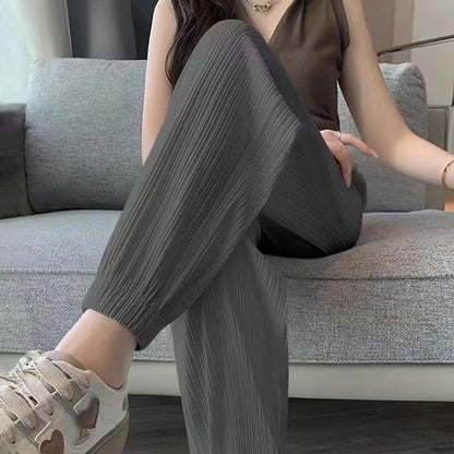 Ice Silk Casual Wide Leg Harem Pants Loose Trousers Solid Elastic Waist Women Streetweat Summer New Trend Office Lady's PantsB - GreyXL