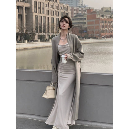 Idle Style Knitting Cardigan Women's Ultra - Long Outer Coat 2024 Spring & Fall New Arrival Fancy Bathrobe Sweater OutwearModel in gray rabbit velvet fabricS