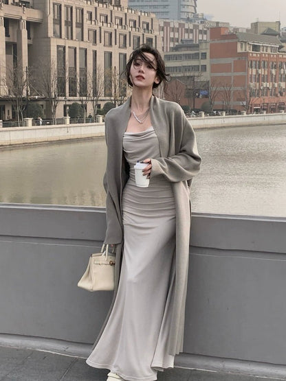 Idle Style Knitting Cardigan Women's Ultra - Long Outer Coat 2024 Spring & Fall New Arrival Fancy Bathrobe Sweater OutwearModel in gray rabbit velvet fabricS