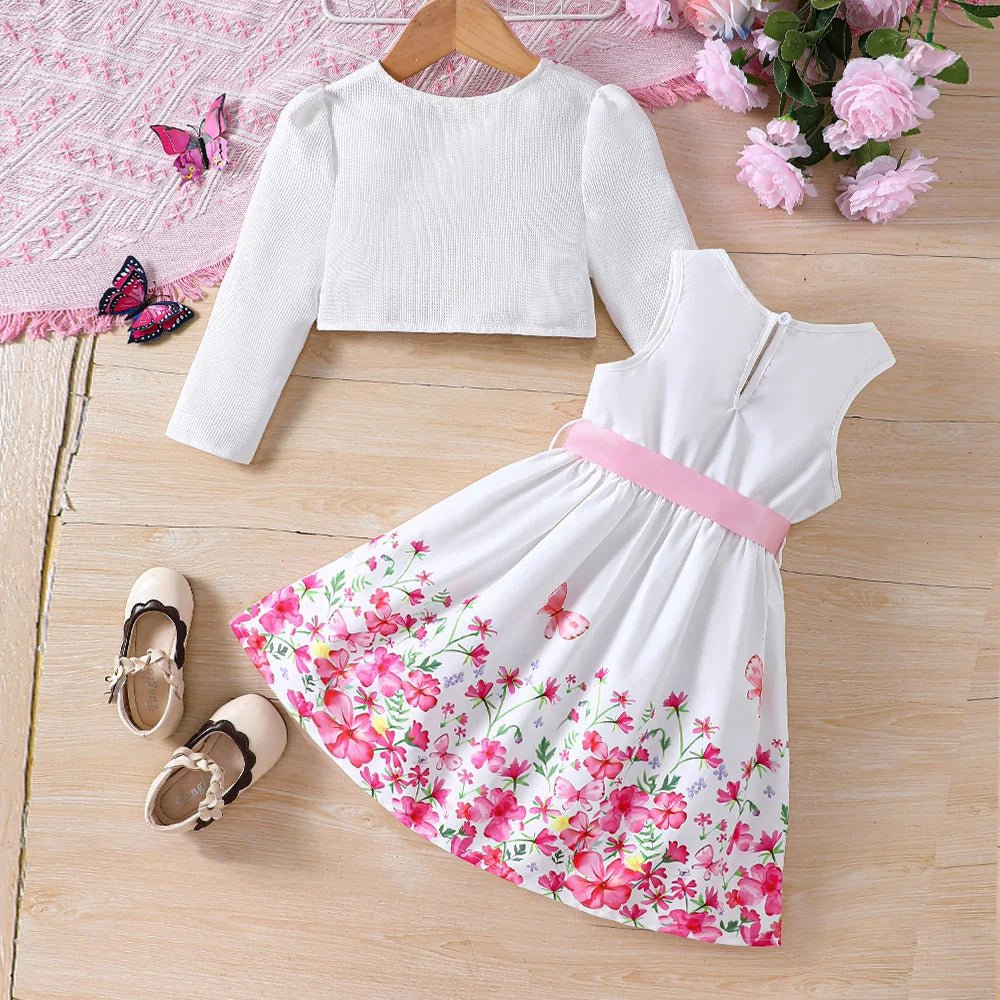 Kids Casual Clothing Sets Outfits for Girls Spring Summer 2024 New Toddler Floral Print Long Sleeve Coat Tank Dress Children24010033 - 4Y(110)