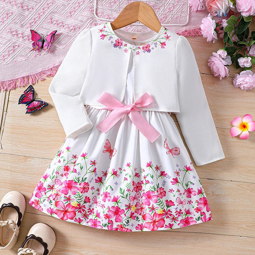 Kids Casual Clothing Sets Outfits for Girls Spring Summer 2024 New Toddler Floral Print Long Sleeve Coat Tank Dress Children24010033 - 4Y(110)