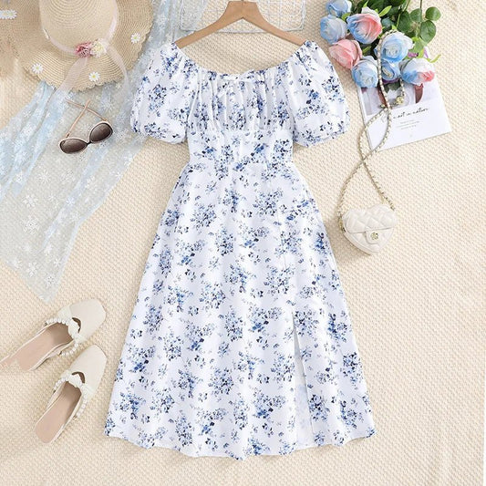 Kids Casual Dress for Girls Clothes Summer 2024 New Children Fashion Blue Floral Print Short Sleeve High Waist Princess Dress24020227 - 8Y(130)