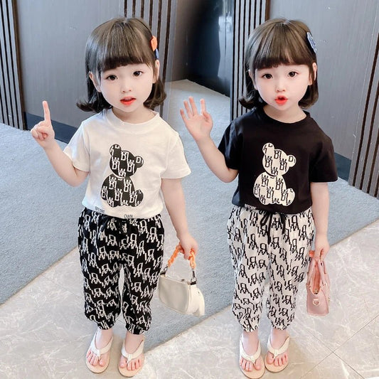 Kids Girls Clothing Sets Mother Kids Clothes Summer Children Clothings Cotton Toddlers Girl Short Sleeve Pants 2pcs Clothes SuitBlack90cm 2T