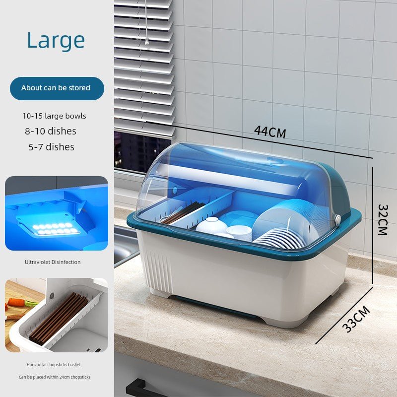 Kitchen Tableware Drain Rack with Sterilized Cupboard Dish Rack Household Bowls and Dishes Storage Rack Storage Box with Lid Dish BoxLarge [blue] [with disinfection]]