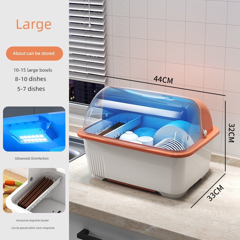 Kitchen Tableware Drain Rack with Sterilized Cupboard Dish Rack Household Bowls and Dishes Storage Rack Storage Box with Lid Dish BoxLarge [Orange] [with disinfection]]