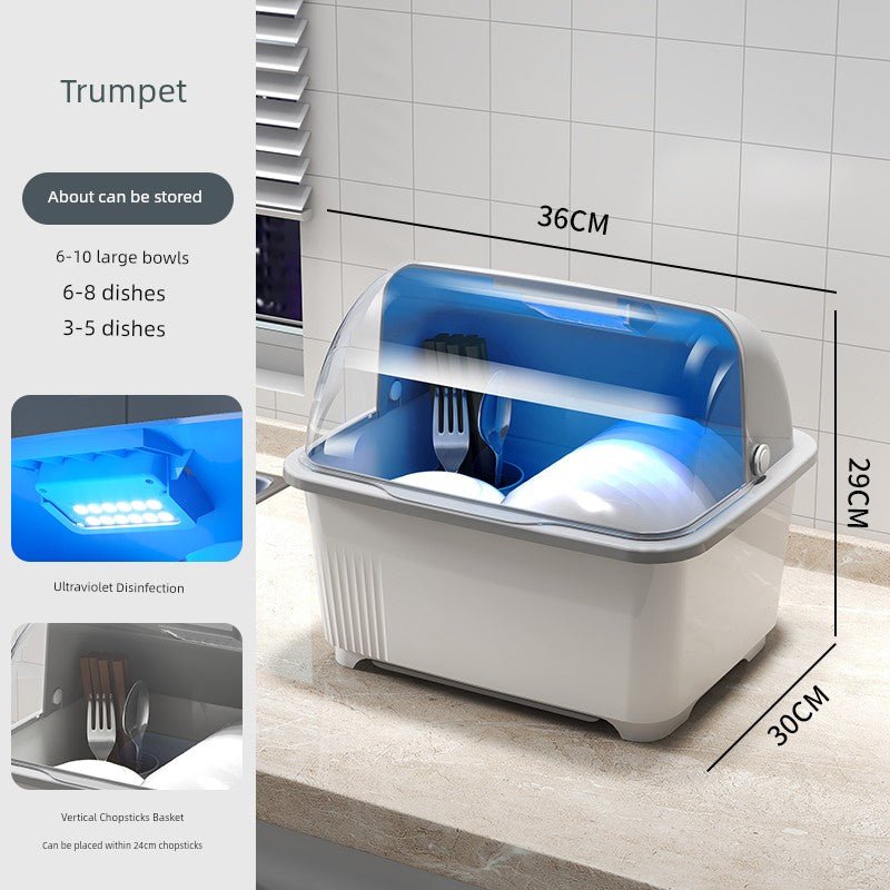 Kitchen Tableware Drain Rack with Sterilized Cupboard Dish Rack Household Bowls and Dishes Storage Rack Storage Box with Lid Dish BoxSmall size [Gray] [with disinfection]]