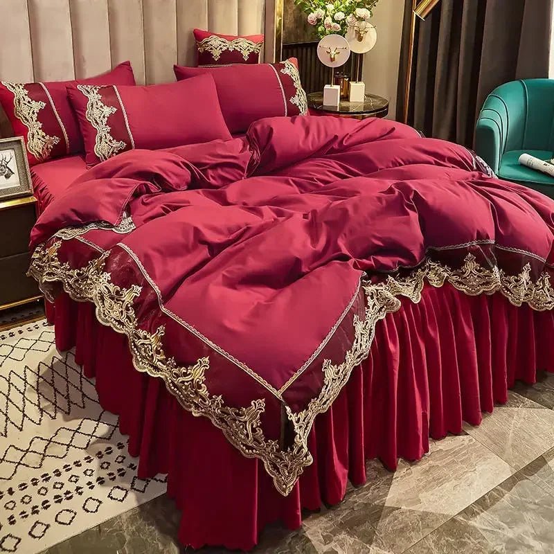 Lace edge bed skirt bed cover matte four piece set, 1.5m 1.8m European style thickened versioncarmine2.0m four piece set