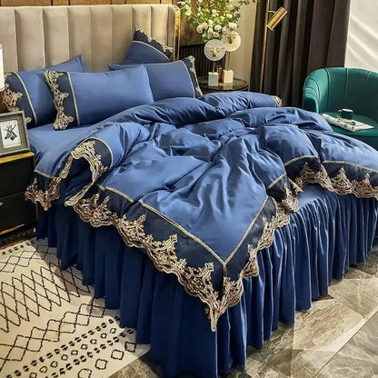 Lace edge bed skirt bed cover matte four piece set, 1.5m 1.8m European style thickened versionDream Blue2.0m four piece set