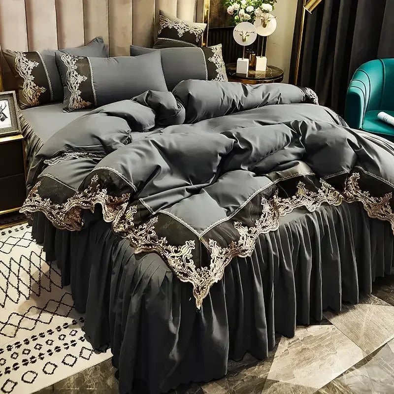 Lace edge bed skirt bed cover matte four piece set, 1.5m 1.8m European style thickened versionGentleman Ash1.5m four piece set