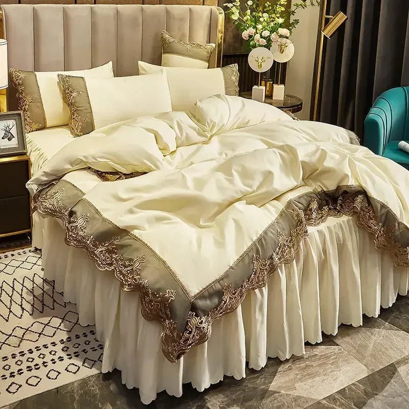 Lace edge bed skirt bed cover matte four piece set, 1.5m 1.8m European style thickened versionIvory white2.0m four piece set