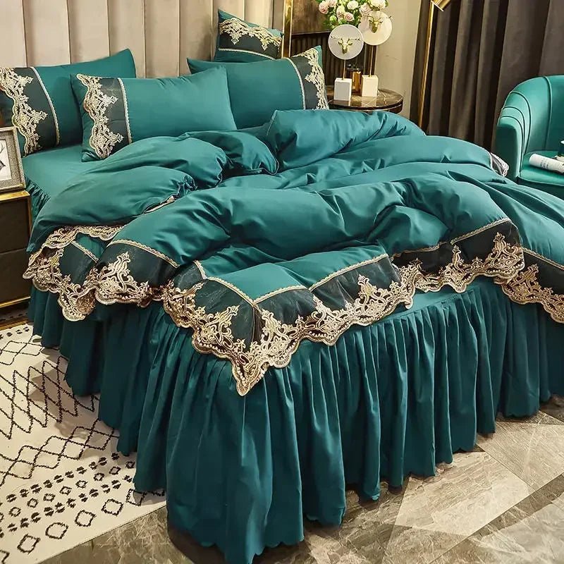 Lace edge bed skirt bed cover matte four piece set, 1.5m 1.8m European style thickened versionmalachite green2.0m four piece set