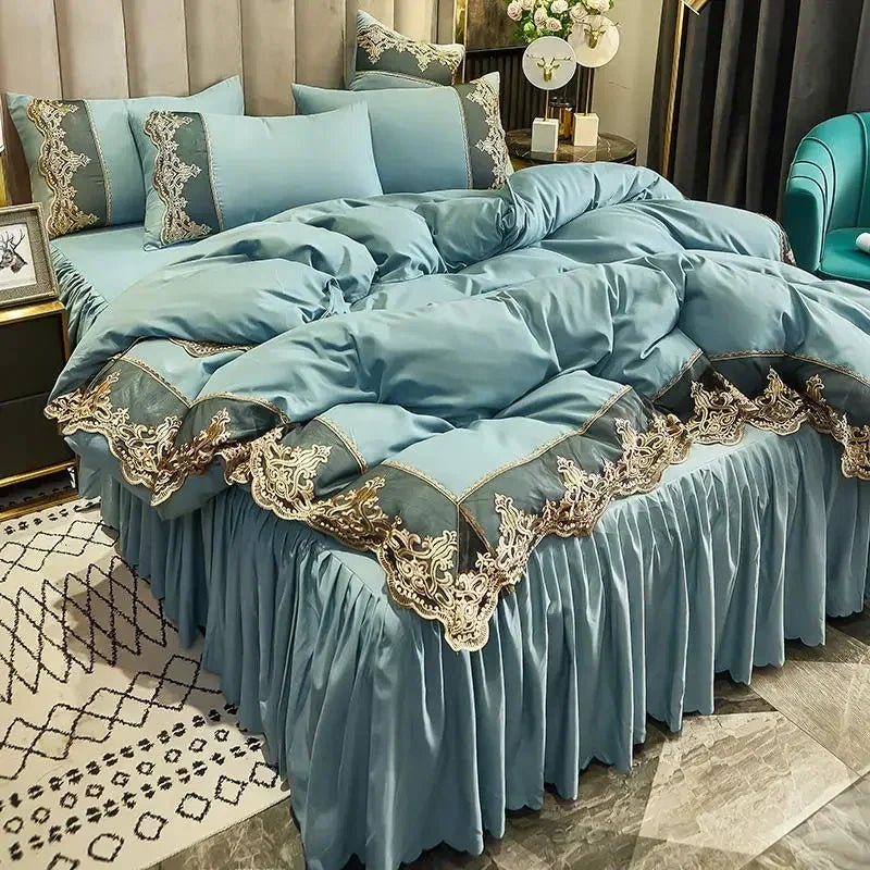 Lace edge bed skirt bed cover matte four piece set, 1.5m 1.8m European style thickened versionMoonlight blue1.8m four piece set