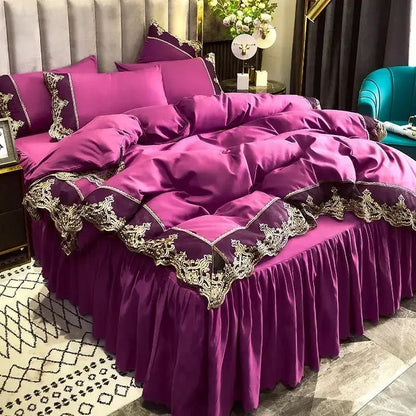 Lace edge bed skirt bed cover matte four piece set, 1.5m 1.8m European style thickened versionSmoked purple1.5m four piece set