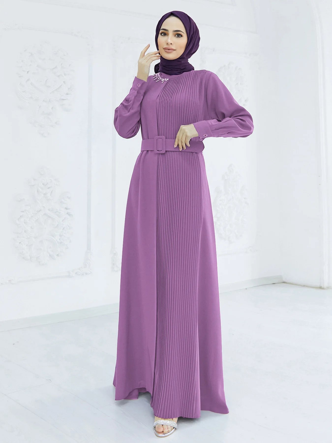 Lace - up Caftan Muslim Vestidos Largo Kaftan I Robe 2024PURPLEM