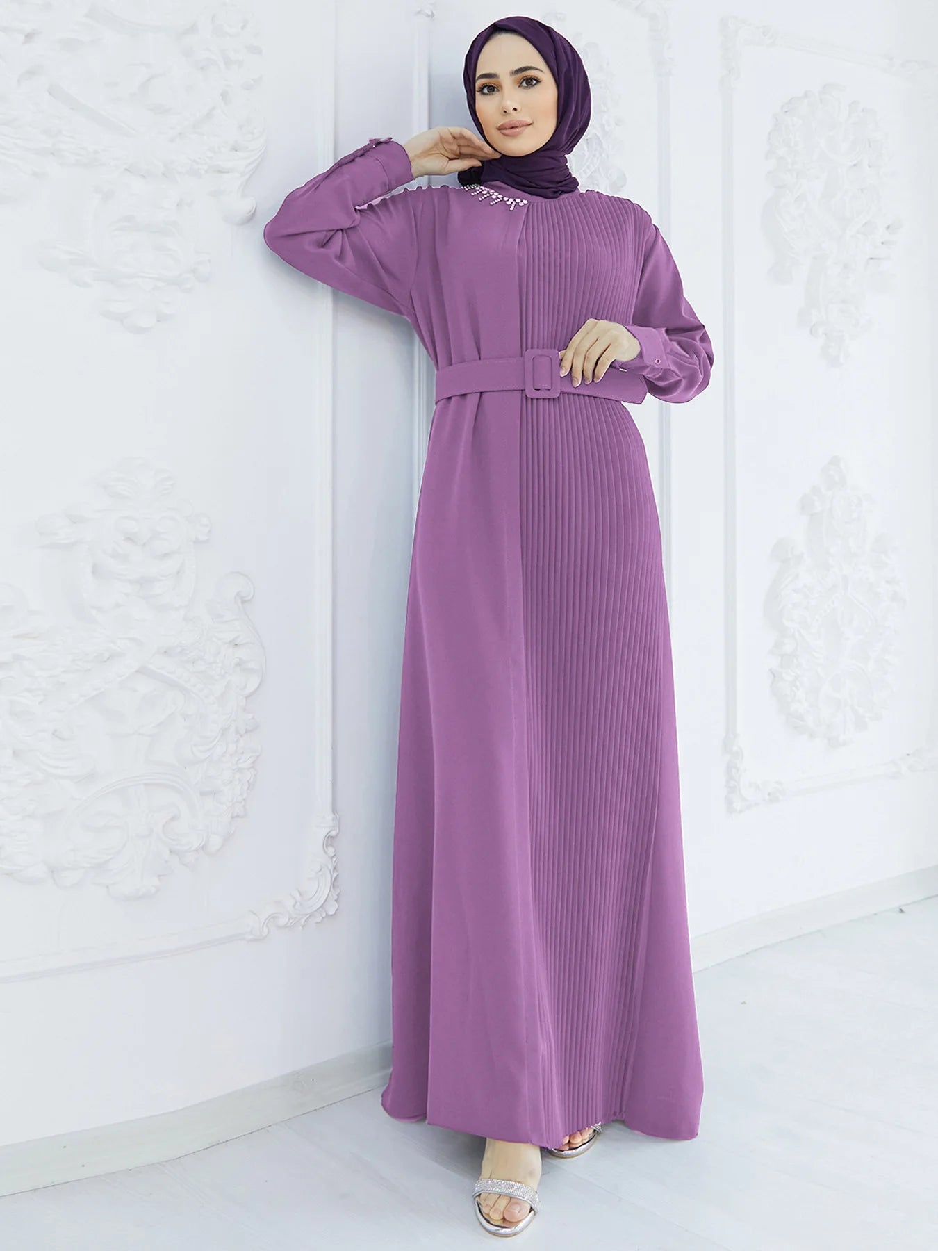 Lace - up Caftan Muslim Vestidos Largo Kaftan I Robe 2024PURPLEM