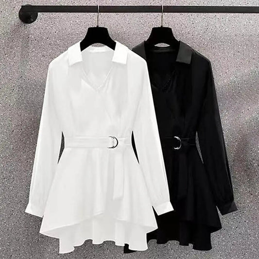 Lapel V Neck Long Sleeves Irregular Hem Plus Size Women Shirt Waist Tight Adjustable Belt Pullover Shirt Top Female ClothingWhiteM