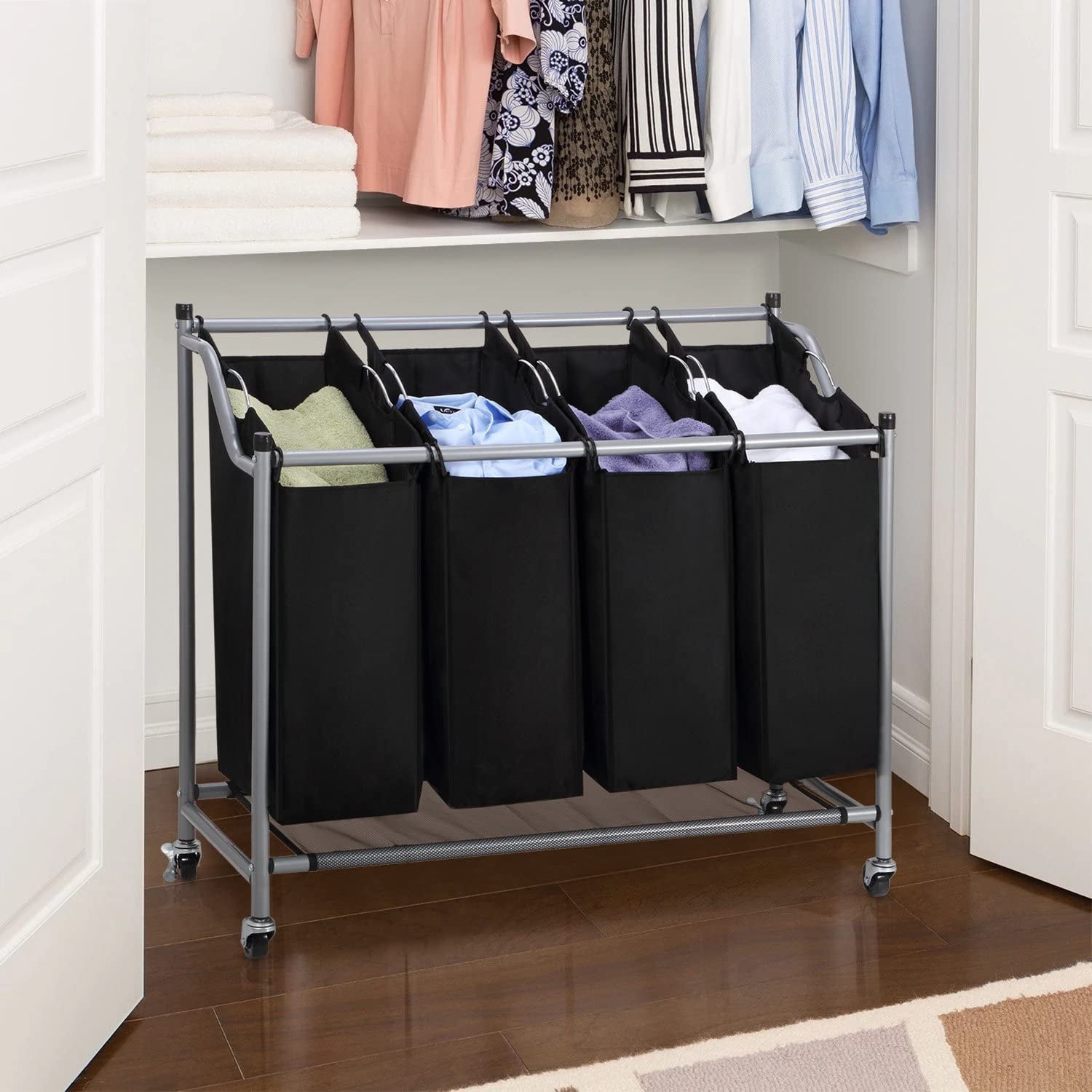 Laundry Sorter Cart 4 - Bag Classics Rolling Laundry Hamper, Sturdy Frame with 60KG Weight Capacity, BlackBlackHome & KitchenLaundry SortersLaundry Storage & Organization