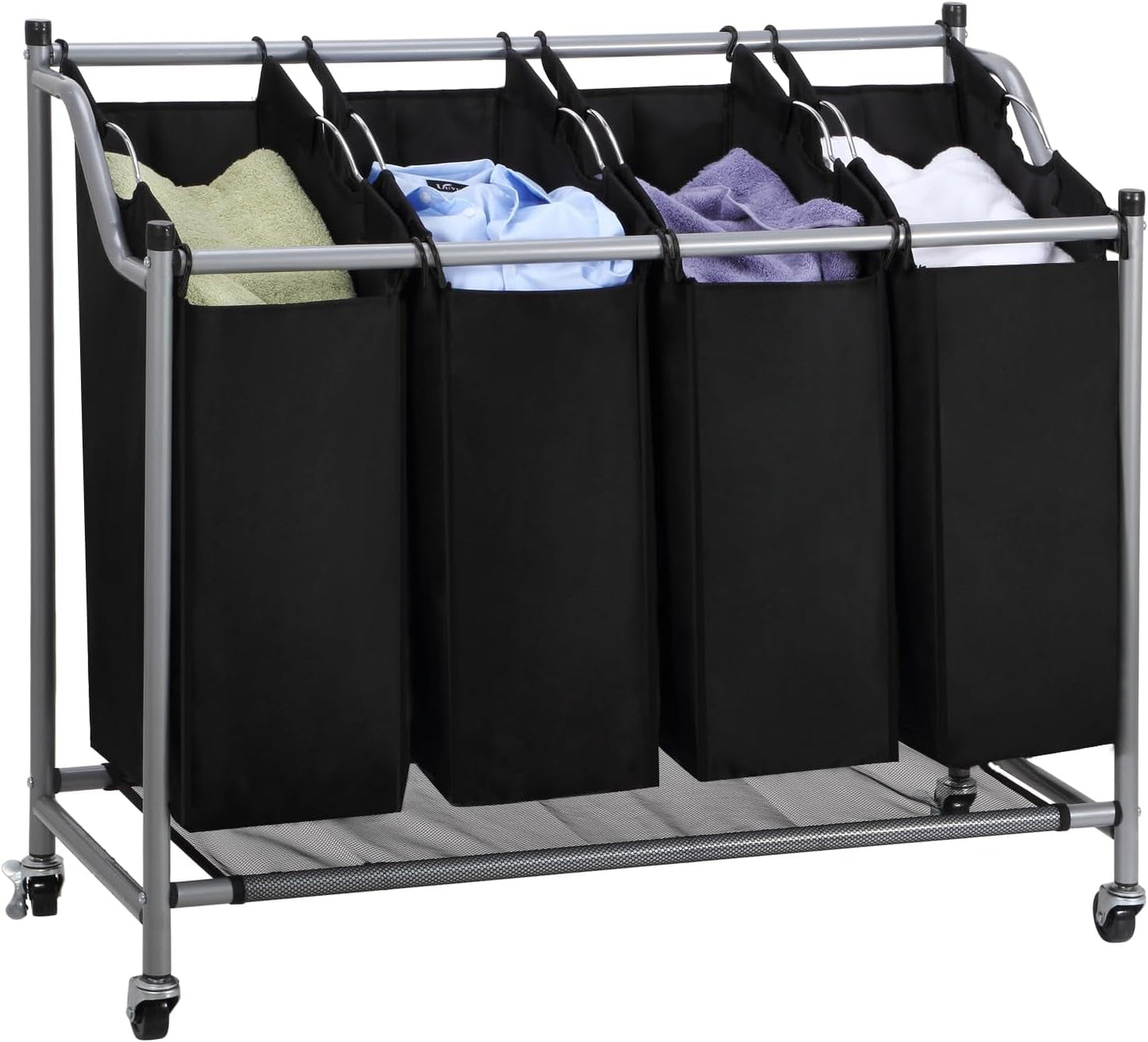 Laundry Sorter Cart 4 - Bag Classics Rolling Laundry Hamper, Sturdy Frame with 60KG Weight Capacity, BlackBlackHome & KitchenLaundry SortersLaundry Storage & Organization