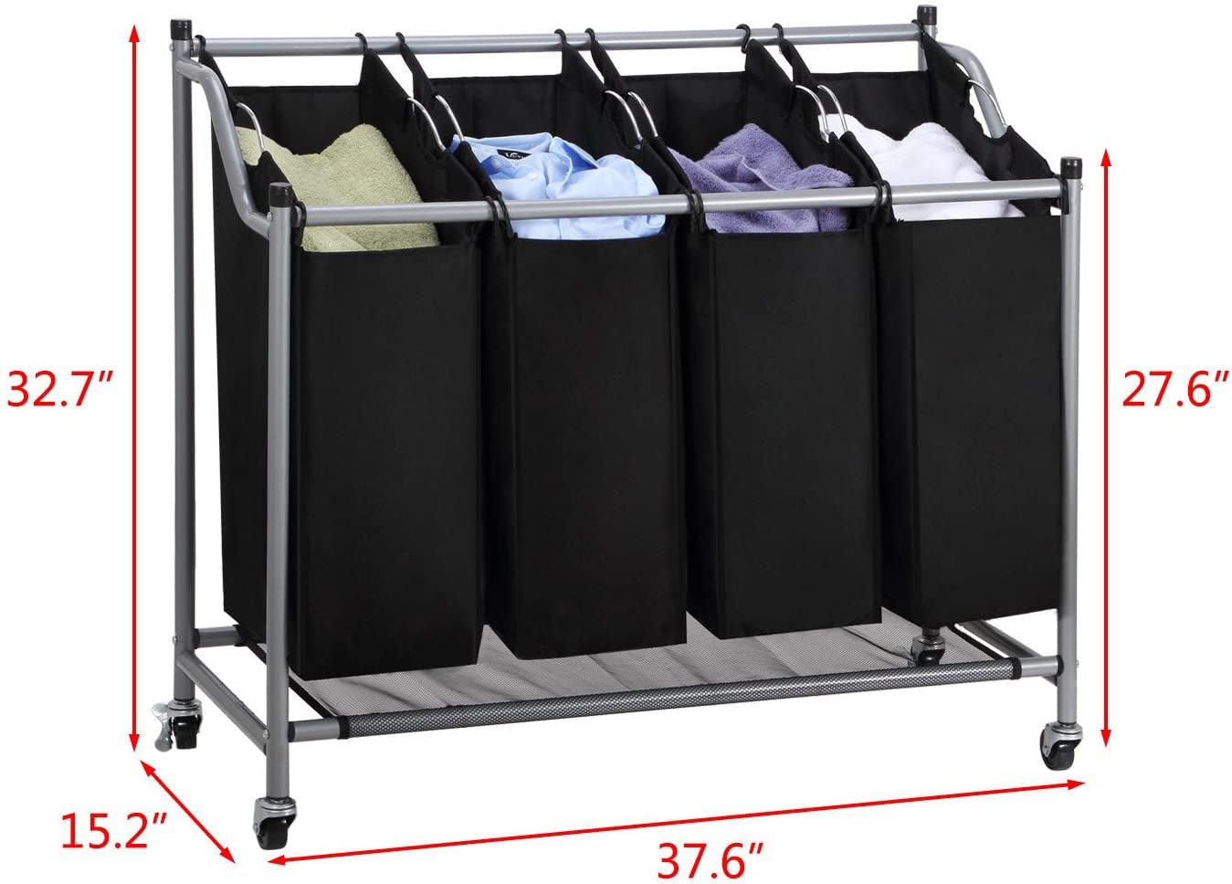 Laundry Sorter Cart 4 - Bag Classics Rolling Laundry Hamper, Sturdy Frame with 60KG Weight Capacity, BlackBlackHome & KitchenLaundry SortersLaundry Storage & Organization