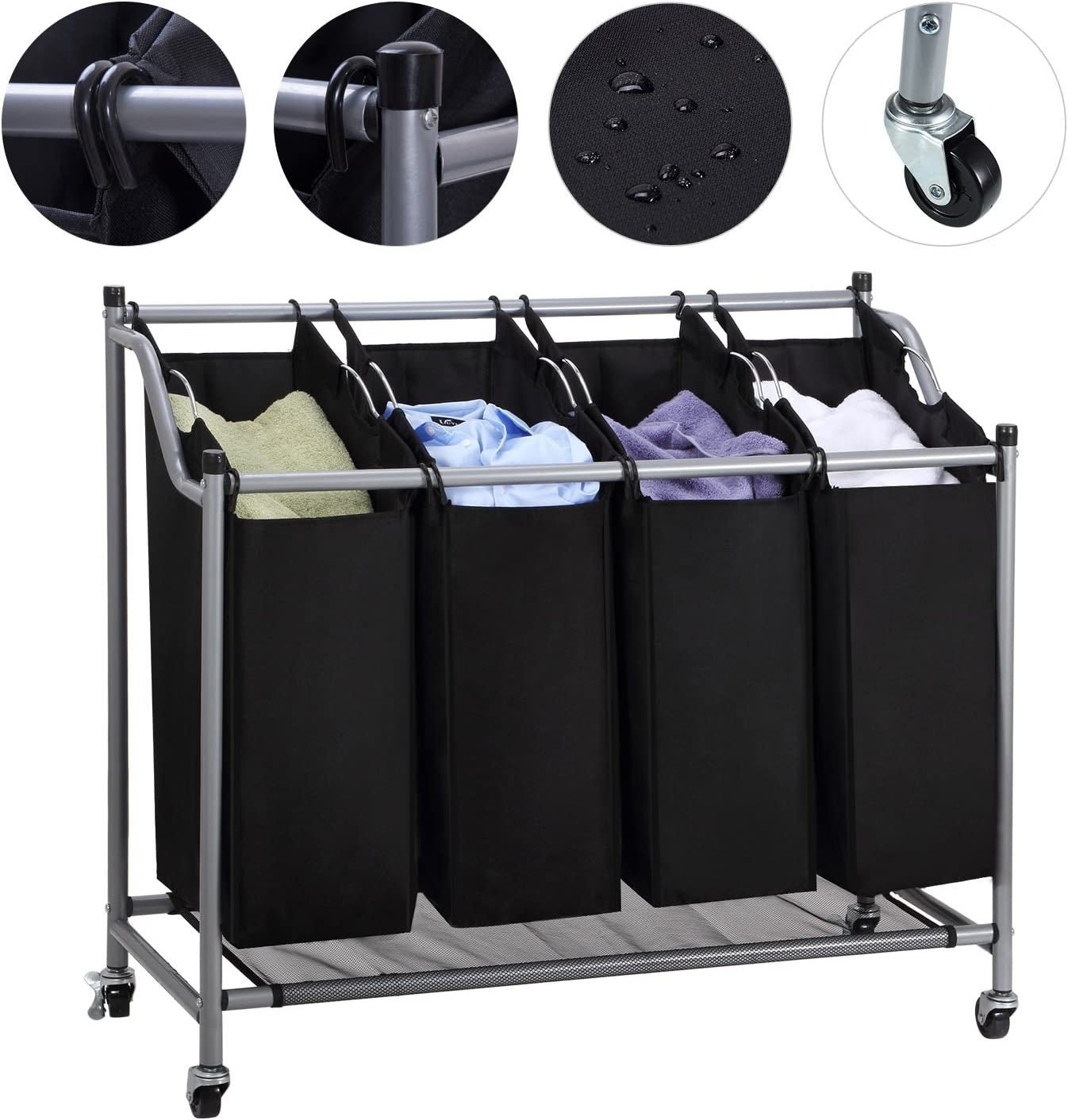 Laundry Sorter Cart 4 - Bag Classics Rolling Laundry Hamper, Sturdy Frame with 60KG Weight Capacity, BlackBlackHome & KitchenLaundry SortersLaundry Storage & Organization