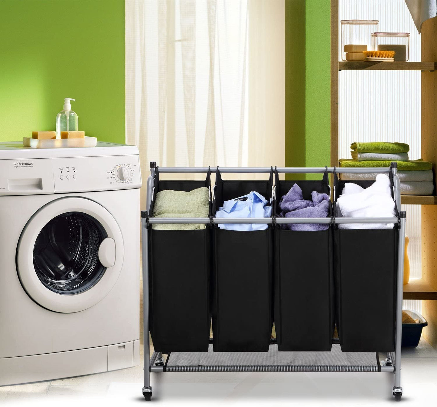 Laundry Sorter Cart 4 - Bag Classics Rolling Laundry Hamper, Sturdy Frame with 60KG Weight Capacity, BlackBlackHome & KitchenLaundry SortersLaundry Storage & Organization