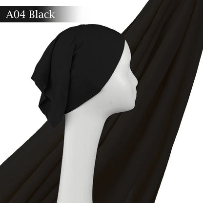 Light Viscose Rayon Shawl One Set Thin Plain Hijabs With Caps High Quality Muslim Fashion Head Scarf Headwraps Islam 185x85cmA04 - Black