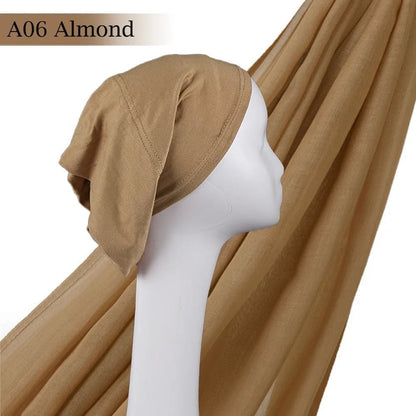 Light Viscose Rayon Shawl One Set Thin Plain Hijabs With Caps High Quality Muslim Fashion Head Scarf Headwraps Islam 185x85cmA06 - Almond