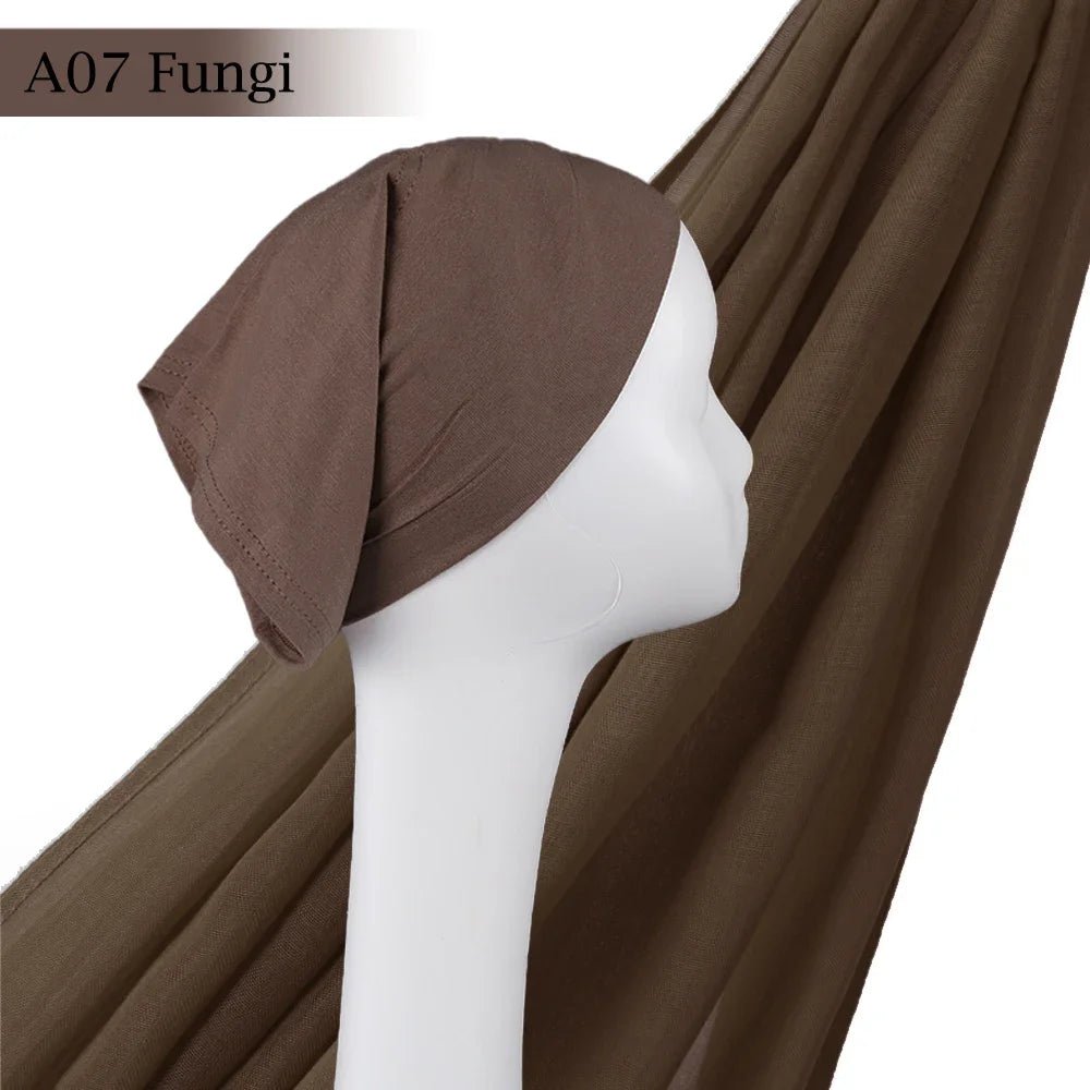 Light Viscose Rayon Shawl One Set Thin Plain Hijabs With Caps High Quality Muslim Fashion Head Scarf Headwraps Islam 185x85cmA07 - Fungi