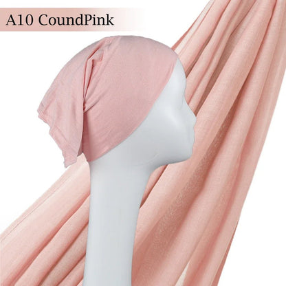 Light Viscose Rayon Shawl One Set Thin Plain Hijabs With Caps High Quality Muslim Fashion Head Scarf Headwraps Islam 185x85cmA10 - CoundPink