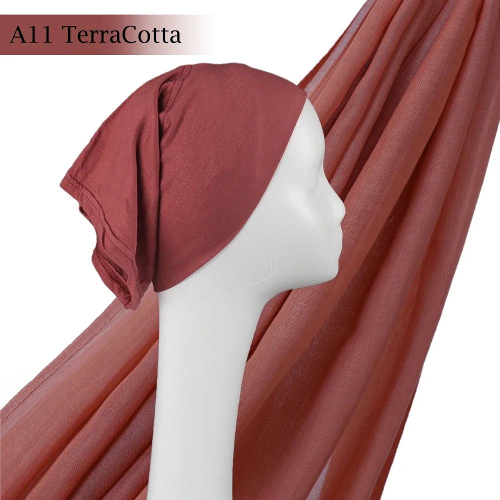 Light Viscose Rayon Shawl One Set Thin Plain Hijabs With Caps High Quality Muslim Fashion Head Scarf Headwraps Islam 185x85cmA11 - TerraCotta