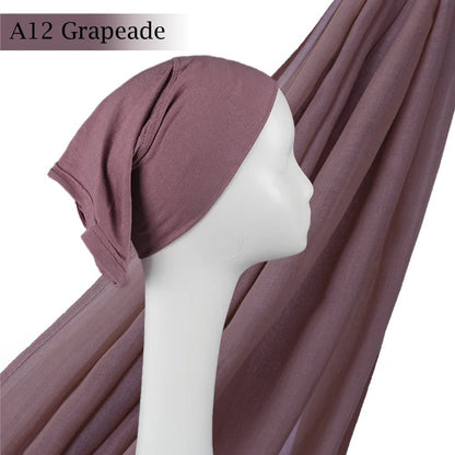 Light Viscose Rayon Shawl One Set Thin Plain Hijabs With Caps High Quality Muslim Fashion Head Scarf Headwraps Islam 185x85cmA12 - Grapeade