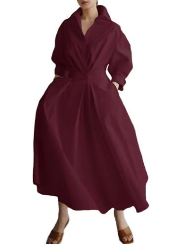 Long - sleeve Blouse Elastic Waist Swing DressWine Red4XL