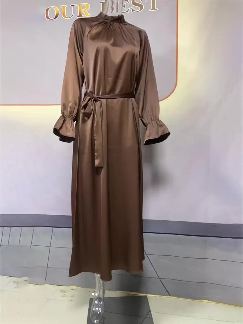 Long Sleeve Muslim Dress Women Solid Satin Dress for Women Slim - fit Belt Evening Dresses Abaya Dubai Islamic Clothing VestidosDark BrownS