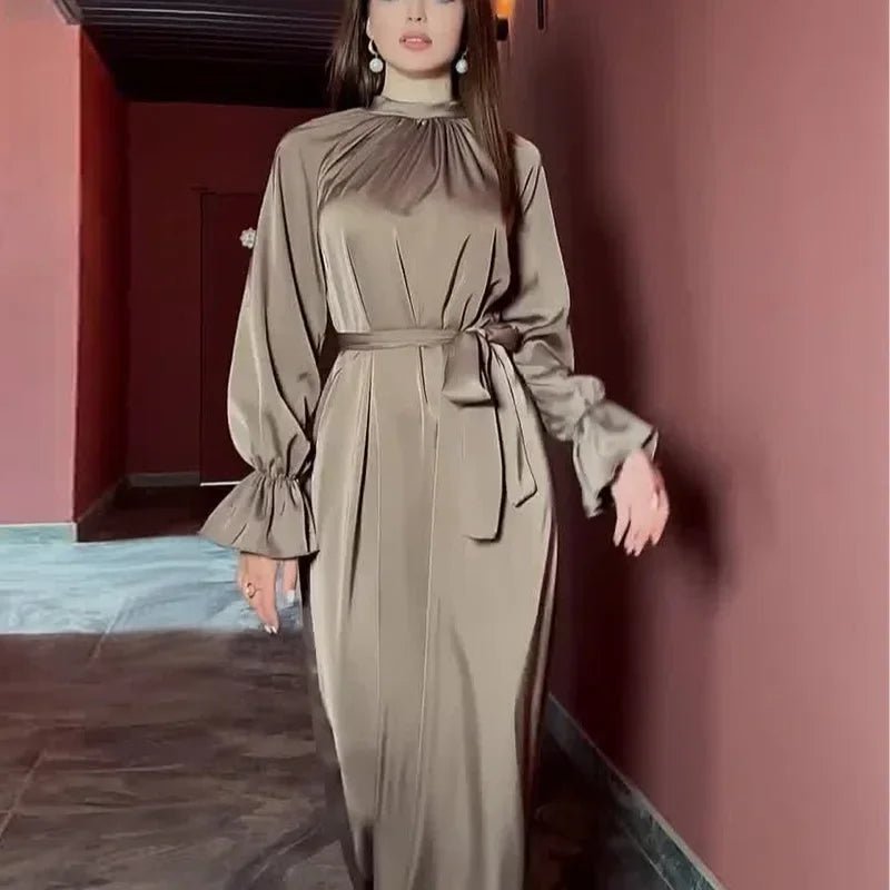 Long Sleeve Muslim Dress Women Solid Satin Dress for Women Slim - fit Belt Evening Dresses Abaya Dubai Islamic Clothing VestidosDark GrayL