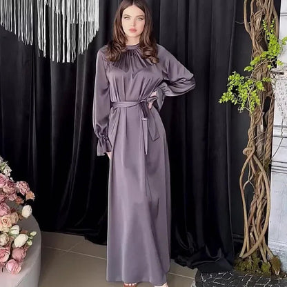 Long Sleeve Muslim Dress Women Solid Satin Dress for Women Slim - fit Belt Evening Dresses Abaya Dubai Islamic Clothing VestidosDark GrayL