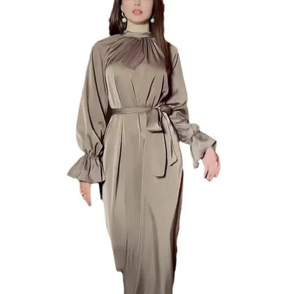 Long Sleeve Muslim Dress Women Solid Satin Dress for Women Slim - fit Belt Evening Dresses Abaya Dubai Islamic Clothing VestidosDark GrayL