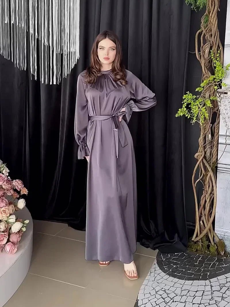 Long Sleeve Muslim Dress Women Solid Satin Dress for Women Slim - fit Belt Evening Dresses Abaya Dubai Islamic Clothing VestidosDark GrayL