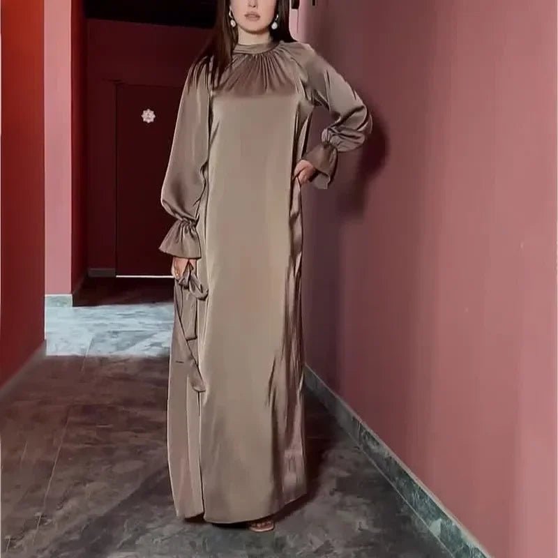 Long Sleeve Muslim Dress Women Solid Satin Dress for Women Slim - fit Belt Evening Dresses Abaya Dubai Islamic Clothing VestidosDark GrayL