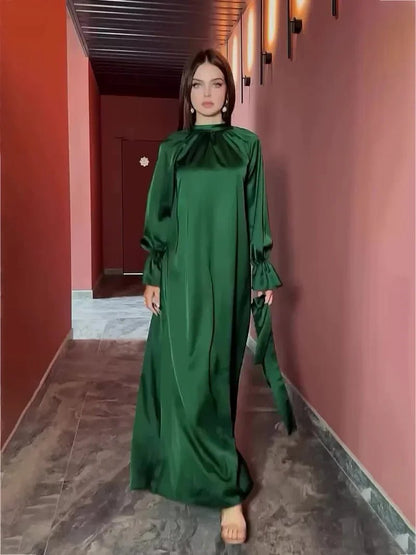 Long Sleeve Muslim Dress Women Solid Satin Dress for Women Slim - fit Belt Evening Dresses Abaya Dubai Islamic Clothing VestidosDark GreenS