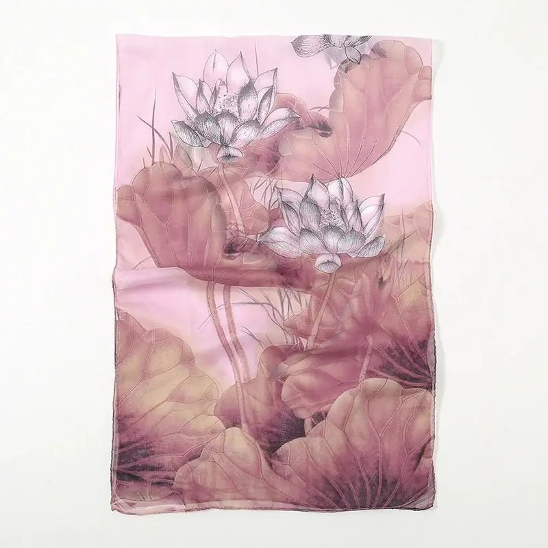 Lotus Print Chiffon Scarf Fashionable Lightweight Neck Scarf For Women Summer Neck Sun Protection Silk Scarf Shawl 150*50cm05