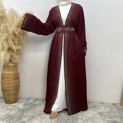 Middle East Dubai Travel Cardigan Pocket Dress Hot DrillingBurgundy(Only Cardigan.)S