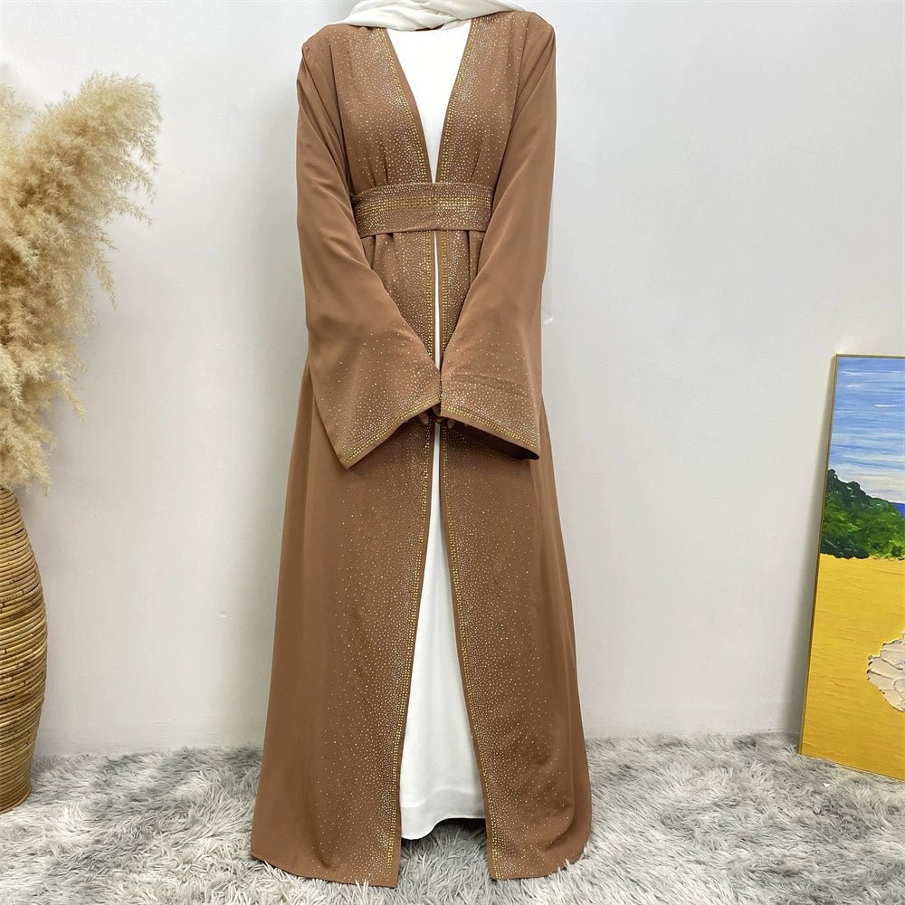 Middle East Dubai Travel Cardigan Pocket Dress Hot DrillingDark brown(Only Cardigan.)XL